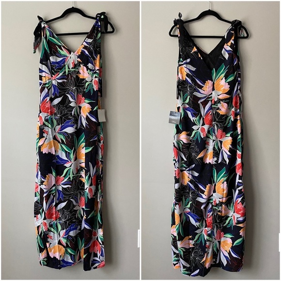 NWT LuLu's Black Tropical Floral Vacation Tie Sleeves A Line Maxi Dress Womens S - Picture 5 of 8